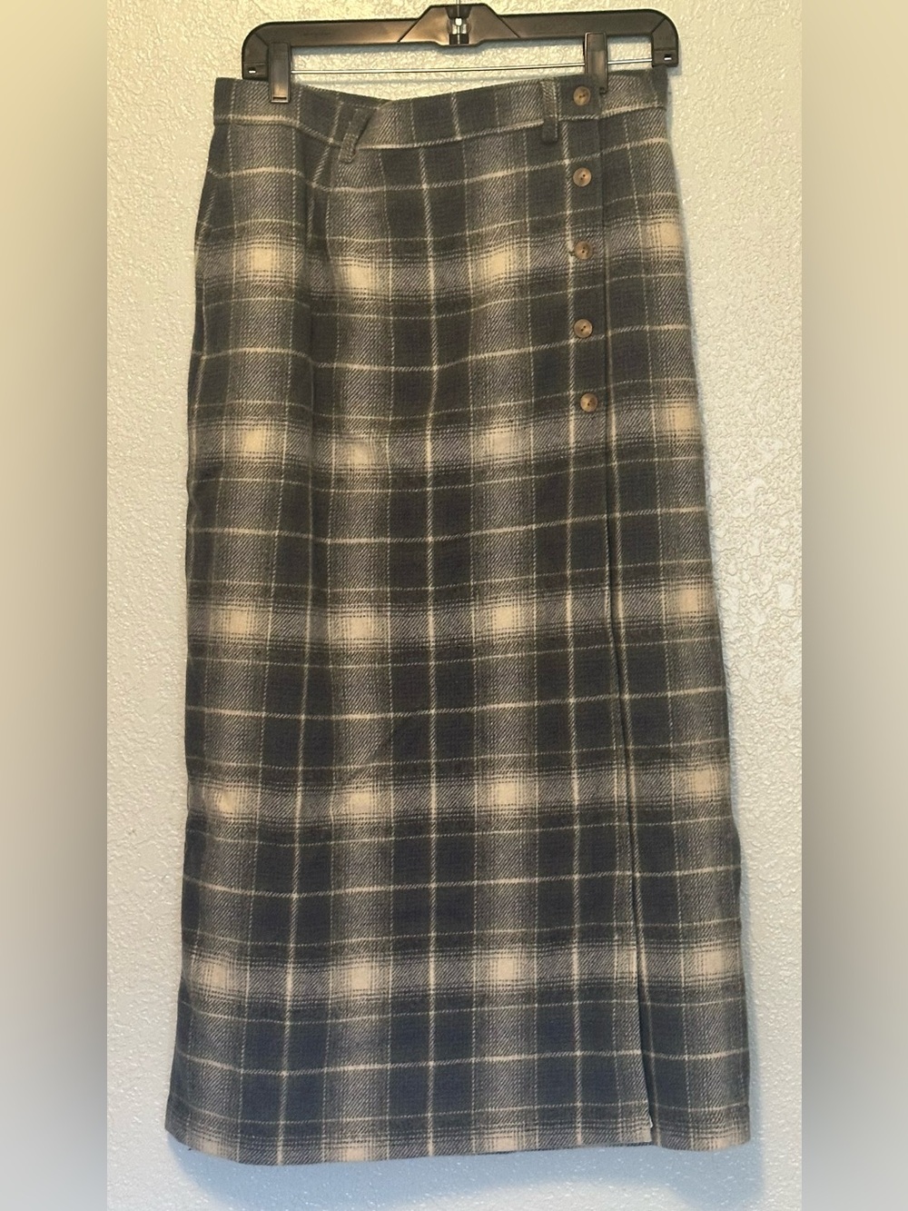Woolrich Wool Sky Gray & Cream Plaid Wrap Maxi Skirt NWT 14
